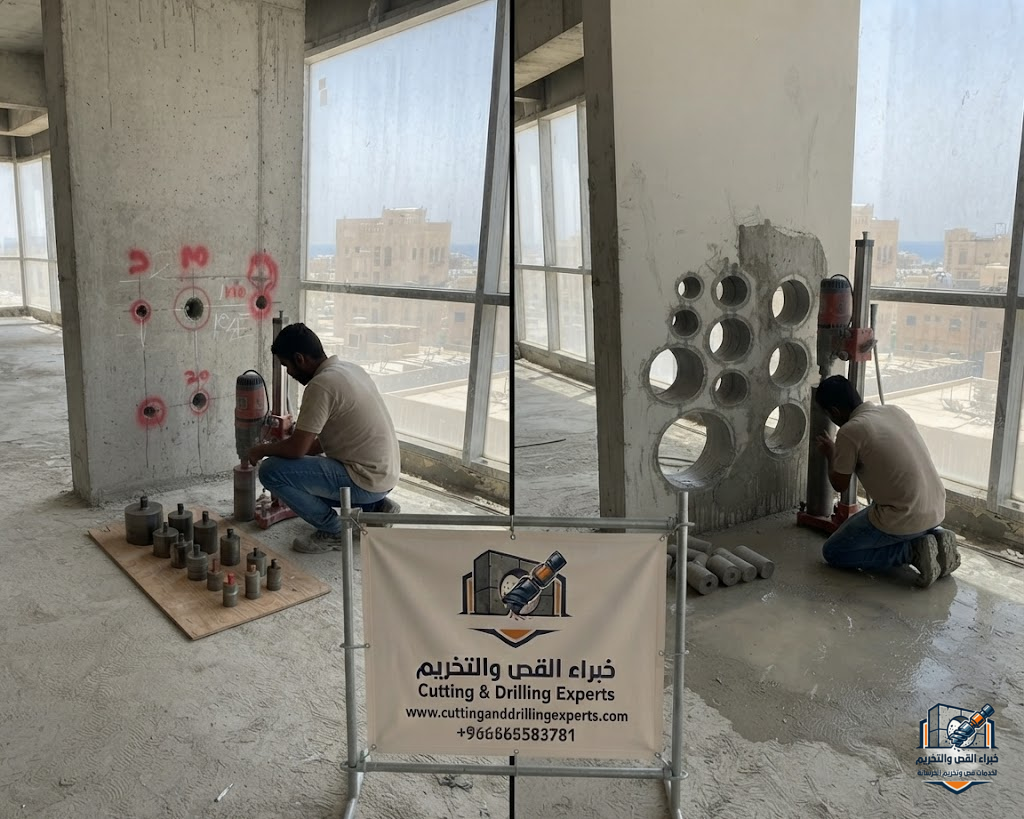 تخريم الخرسانة المسلحة بجدة باستخدام معدات الكور الماسي لتنفيذ فتحات دائرية دقيقة